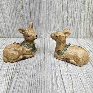 Vintage Ceramic Deer Christmas Ornaments Set 2 Figurines Holiday Decor 3 Inch Ta